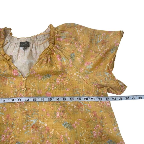 Wonderly Womens Mustard Yellow Boho Floral Blouse Size XL Short Ruffle V Neck - Picture 5 of 11